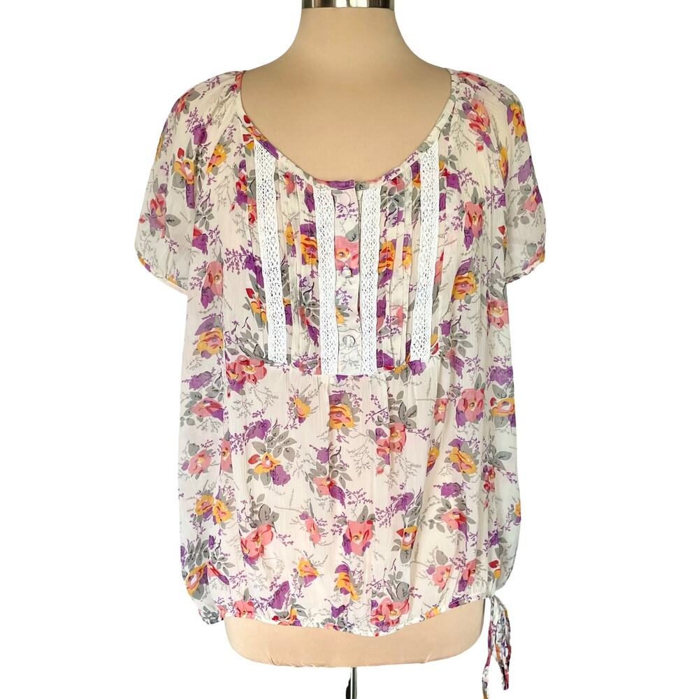 a.n.a. Sheer Floral Lace Trimmed Top Short Sleeves Sz 1X Fairy Feminine Romantic